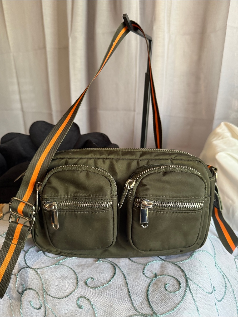 Men's Olive Green Crossbody Shoulder Bag with Striped Strap